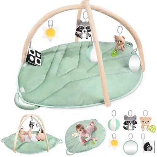 Baby Play Mat，Oversize Baby Tummy Time Mat for Sensory & Motor Skill Development Tree&Leaf Shaped Baby Activity Mat with 6 Detachable Sensory Toys Baby Play Gym Mat with Diaper Area (Sage Green)
