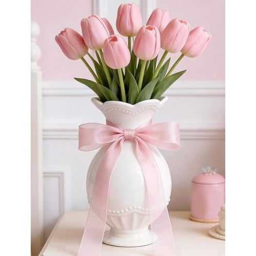 Cute White Ceramic Flower Vase, Cute White Vases for Flowers, Scalloped Girly Clean Girl Aesthetic Stockholm Style Cutecore Kawaii Room Bedroom Decor for Women Teen Girls