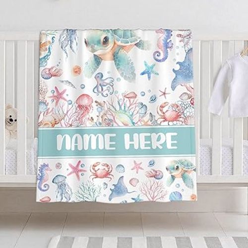 Personalized Baby Blanket for Girls Boys Sea Turtles Custom Baby Blanket with Name Swaddle Blanket for Toddlers Infants Kids Shower Newborns Nursery Stroller Crib Decor Throw Birthday Gift