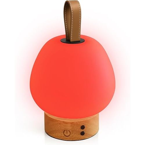 Red Light Therapy Sleep Lamp – 660nm Glow for Better Sleep | Cordless, Dimmable Night Light with Timer | Rechargeable, Portable Red Lamp for Bedroom (Light Wood)