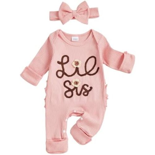 Rtnnsbbfcm Baby Girl Clothes Little Sister Outfits Ribbed Knit Long Sleeve Romper Jumpsuit Newborn Coming Home Clothing (Pink Lil Sis, Newborn)