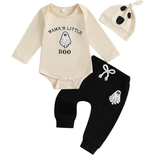 Lamuusaa Newborn Baby Boy Halloween Outfit Mama's Little Boo Romper Ghost Embroidery Long Pants Hat 3Pcs Clothes Set
