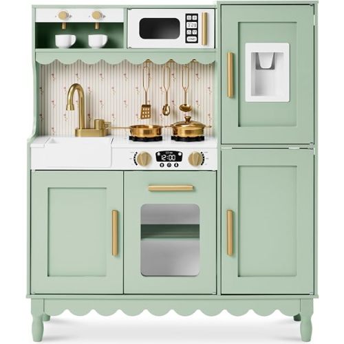 Best Choice Products Play Kitchen for Kids, Cottage Style Kids Kitchen Playset for Toddlers, Pretend Play Toy Kitchen w/ 11Pcs, Espresso Machine, Microwave, Oven, Refrigerator w/Ice - Sage