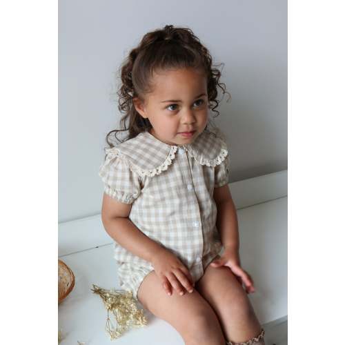 GINGHAM COTTON SHORTIE ROMPER | OAT & CREAM