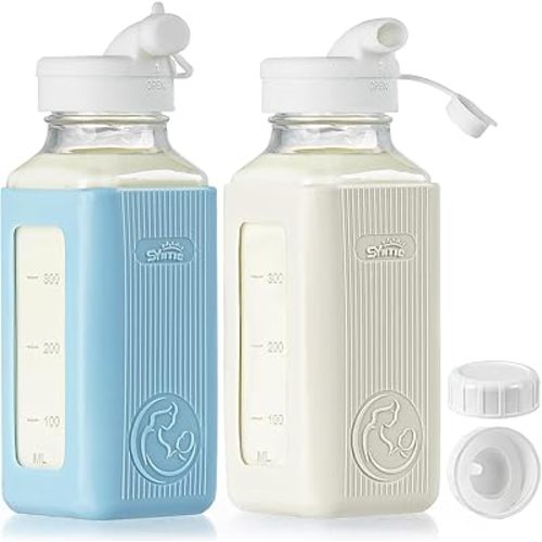 Syntic 2 Pack 16 Oz Glass Breastmilk Storage Bottle with Airtight Lids & 2 Pour Spouts, Milk Storage Containers for Fridge with Clear Scales - Day/Night Milk Collection Bottles with Protective Case