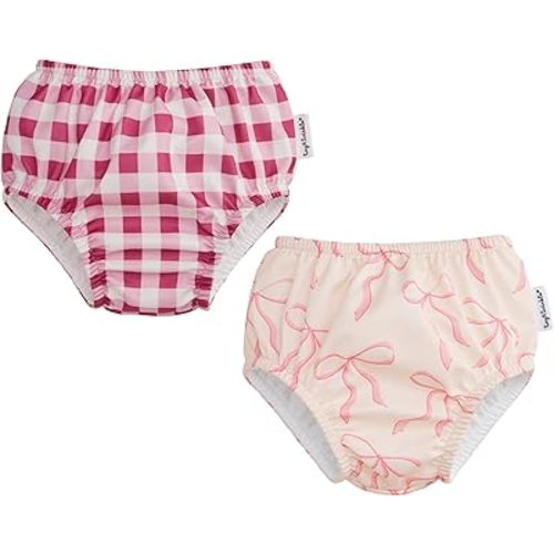 Tiny Twinkle Pull-Up Reusable Swim Diapers 2-Pack | Waterproof and UPF 50+ Sun Protection | Lightweight and Absorbent | Machine Washable(Raspberry Gingham,Bubblegum Bows,6-12M)