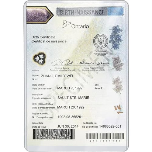 Canadian Birth Certificate Holder, 5 x 7 Inch Clear Plastic Cover (1)