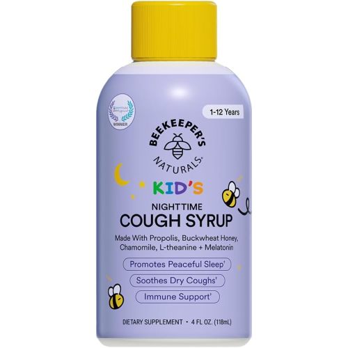 Beekeeper's Naturals Propolis Honey Cough Syrup Nighttime for Kids Immune Support with Propolis, Elderberry & Raw Honey - Sleep Support with Chamomile & L-Theanine - Gluten Free, 4 oz.