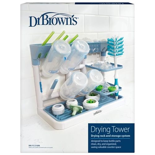 Dr. Brown's Baby Bottle Drying Tower, Stand-Up Countertop Drying Rack with Organized Storage for Baby Essentials, Space Saving Vertical Rack, Gray/White