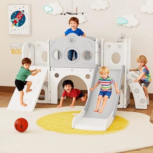 9 in 1 Toddler Slide Set Playground Indoor & Outdoor Fun for Kids & Babies Aged 1-3, Featuring Climbing Board, Basketball Hoop, Telescope, Storage Space and Non-Slip Steps, Gray & White