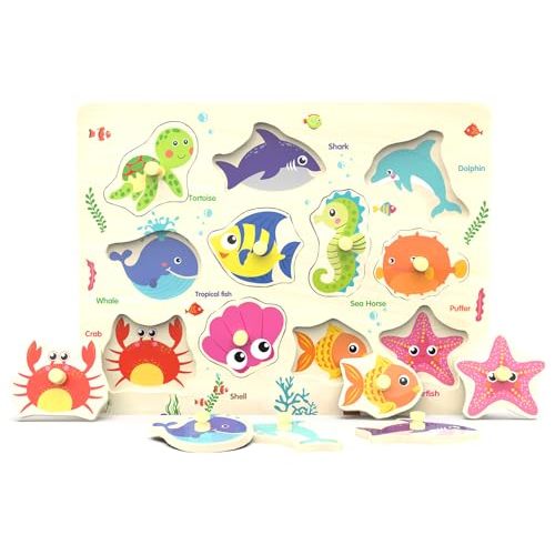 Wooden Peg Puzzle, Sea Creature Chunky Baby Puzzles, Colorful Wood Shape Puzzle Peg Board, Animal Knob Puzzles for Educational Toddlers 18 Months and Up, 11 Pieces