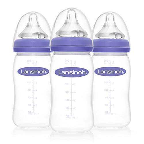 Lansinoh Baby Bottles for Breastfeeding Babies, 8 Ounces, 3 Count, Includes 3 Medium Flow Nipples (Size 3M)