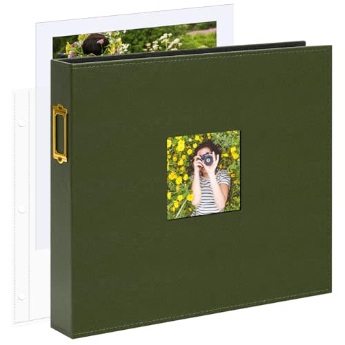 Vienrose 12x12 Inch Large 3 Ring DIY Scrapbook Photo Album Leather Cover Scrap Book Albums Blank Scrapbooks Photobook with 50 Plastic Sleeves 100 Pages for Wedding Family Anniversary (Dark Green)