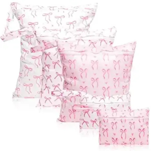 R HORSE 5Pcs Waterproof Baby Diaper Bag, Cute Pink Bow Wet Dry Bag with Handle Zipper Toiletry Organizing Pouches for Cloth Diapers Swimsuits Travel Beach Pool Essentials for Boys Girls