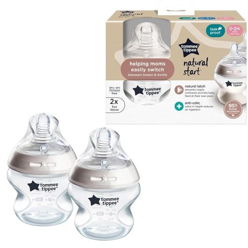 Tommee Tippee Natural Start Baby Bottles, Anti-Colic, 0m+, 5oz | Pack of 2, Slow Flow Breast-Like Nipple, Self-Sterilizing, Seamless Bottle-to-Breast Transition, BPA Free