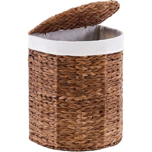 Water Hyacinth Laundry Hamper with lid, Half Moon Shape with 2 Removable Cloth Bags, Handwoven Boho Wicker Basket for Laundry Organization, Espresso
