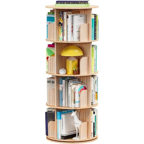 Rotating Bookshelf Tower – 4 Tier Wooden Book Shelf, Small Narrow Spinning Bookcase for Kids Rooms, Corner Bookshelf Organizer for Kids Books and Home Storage