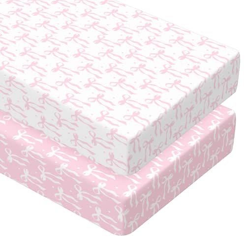 Peryiter 2 Pack Pink Bow Crib Sheets for Girls Boys Coquette Bed Sheet Set Fitted 52'' x 28" for Standard Crib Mattress Stretchable Soft Toddler Aesthetic Nursery Decor