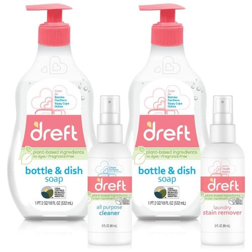 DREFT Bottle and Dish Soap Baby Gift Set - Bonus Travel Size Dreft All Purpose Cleaner & Stain Remover - Made to Clean Baby Essentials - Plant Based Ingredients, Fragrance Free Formula - 4 Piece Set