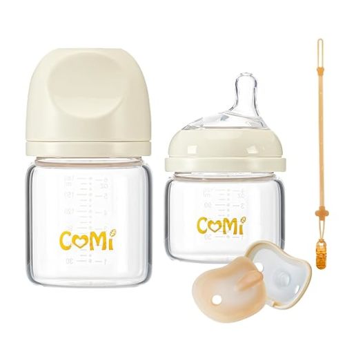 COMI Natural Glass Baby Bottles for Breastfeeding Babies,Newborn Anti-Colic Baby Bottle Set with Slow Flow Nipple,0-3 Months,BPA-Free,4 oz and 6 oz,2 Pack