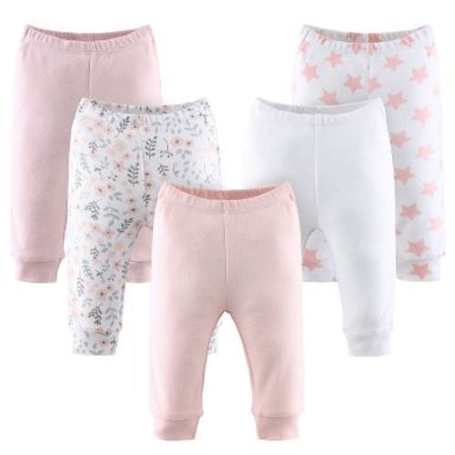 The Peanutshell Flowers & Stars 5-Pack Cuffed Baby Pants in Pink/Light Coral/White, Newborn