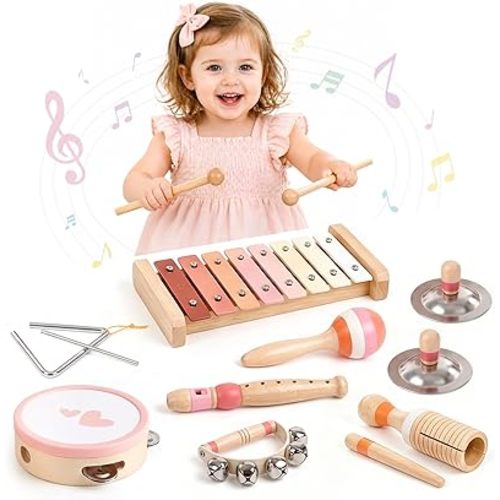Vanplay Musical Toys for 2 Year Old Girls Easter Birthday Gifts, Montessori Toys for 2 3 Year Old, 8 in 1 Wooden Musical Instruments with Xylophone/ Tambourine/Maracas for Toddler 2-4