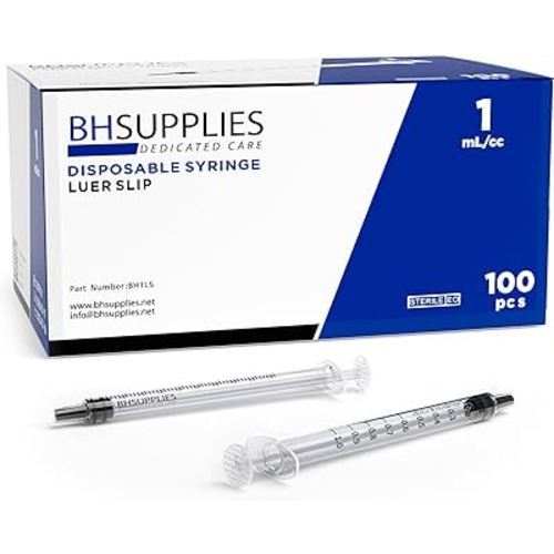 BH Supplies 1mL Luer Slip Tip Syringes (No Needle) - Sterile, Individually Wrapped - 100 Syringes