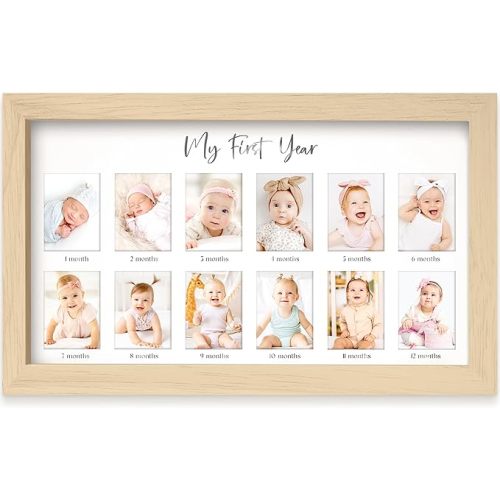 My First Year Photo Frame, 12 Months Baby Picture Frame for Newborn Girl, Boy-Baby Shower Gifts Keepsakes, Monthly Baby's One Year Birthday Milestone,1st Nursery Photo Collage Display Board (Ash Wood)