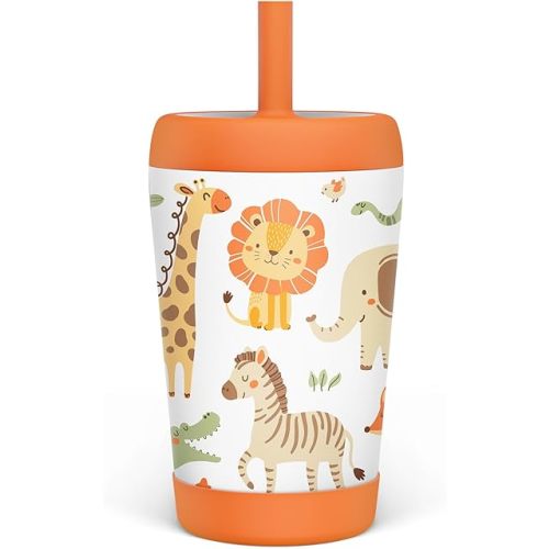Kids Insulated Stainless Steel Tumbler with Silicone Straw, 12oz | Sippy Cup for Kids | Jungle Animals Design