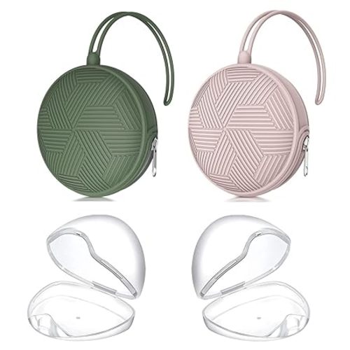 Smlpuame 4 Pack Pacifier Holder Case Set,2 Silicone Portable Pacifier Cover Pouch Bag for Diaper Bags Baby Carriage with 2 Transparent Pacifier Storage Container Box,Easy to Clean,Boho(Green+Pink)