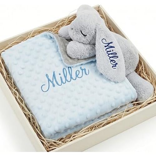Personalized Baby Blanket and Plush Bunny Set, Custom Baby Blankets and Rabbit with Name, Personalized 2 in 1 Gift Set for Boy Girl Toddlers, Minky Dot Swaddle, Gift Set for Showering, Birthday