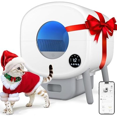 Cumrige Self Cleaning Litter Box, Large Capacity Automatic Cat Litter Box Self Cleaning for Cats, App Control,Safety Protection, 2 Roll Garbage Bags,White & Grey