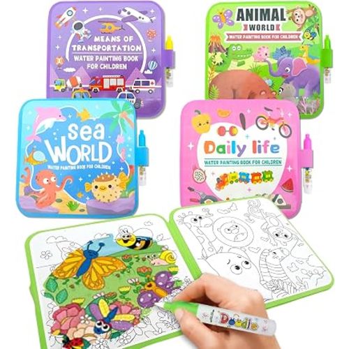 YECHISY Reusable Water Coloring Books for Toddlers 1-3: 4 Pack Paint with Water Books - Mess-Free Water Painting Books, Fun Travel Activity Toys & Educational Learning Kids Gifts for Boys Girls