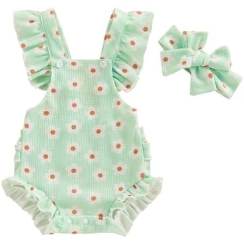 Infant Baby Girl Summer Clothes Outfits Cute Print Fly Sleeve Romper Jumpsuit Bodysuit with Headband