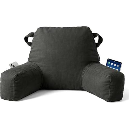 Portable Comfy Reading Pillows for Bed Sitting Up(Grey Oeko-Tex), Velvet Back Pillow with Arms & Pockets for Adults, Support Memory Foam Bed Pillow for Dorm/Reading/Watching/Gaming