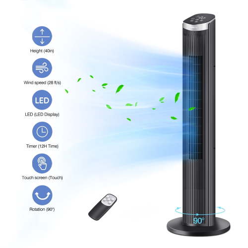 40Inch Tower Fans for Home, CIICII 90° Oscillating Floor Fan,LED Display with Remote,28ft/s High Velocity,5 Speeds, 12H Timer, 3 Modes- Black