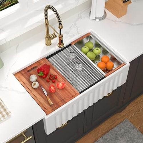 33 White Farmhouse Sink 33x20x10 Inch Fireclay Apron Front Kitchen Sink Single 10 Inch Deep Ceramic Farm Style Workstation Basin with Red Wood Cutting Board
