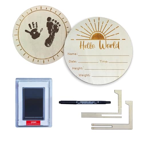 Tiny pets Welcome Baby Sign - Wooden Hello World Newborn Announcement Board with Stand, Ink Pad & Pen - Hospital Birth Announcement Sign for Baby Name, Date & Footprints