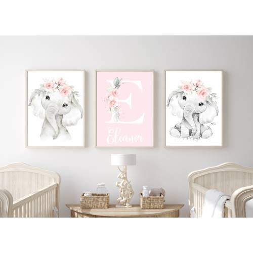 Floral Elephant Nursery Prints: Girl Room Decor, Set of 3