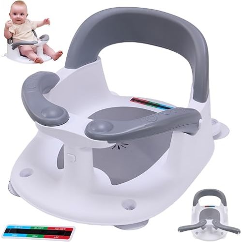 Baby Bath Seat for Babies 6 Months & Up Sitting Up,Infant Bath Seat with Temperature Alert+Open Backrest+on/Off Armrest,Toddler Bath seat Baby Bath Chair for Bathtub,Tub,Sink Grey