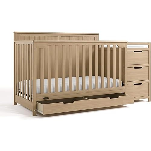 Graco Hadley 5-in-1 Convertible Crib & Changer (Driftwood) – GREENGUARD Gold Certified, Fits Standard Crib Mattress, Converts to Toddler Bed and Full Bed, 4 Adjustable Mattress Heights