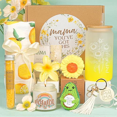 New Mom Gifts,Pregnancy Gifts,New Mommy Care Package After Baby,Mom To Be Inspire Gift, Self-Care Spa Gift Set 12oz Glass Cup for New Mama