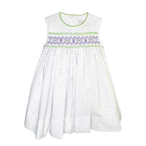 Lavender Dot Print Sleeveless Dress w/ Corded Hand Smocking