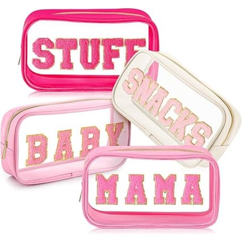 4 Pcs Mama and Baby Toiletry Bag Clear Chenille Letter Pouch Snacks Makeup Stuff Travel Diaper Bag Preppy Transparent Pouch with Zipper for Women Gift(Bright Color)