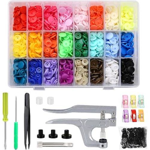 LIHAO Snap Button Kit with Pliers, 375 T5 Plastic Snaps, 24 Colors | No-Sew Snap Fastener Kit for Fabric Crafts, Sewing Repairs, Towels, Wallets, and DIY Projects