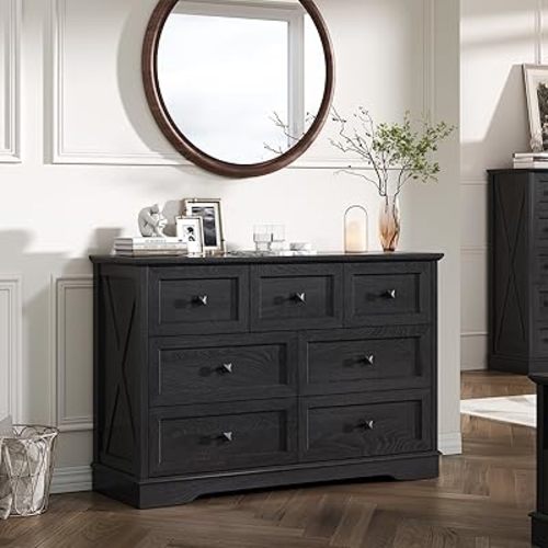 Farmhouse 7 Drawers Dresser for Bedroom with Charging Station, Wide Black 7 Chest of Drawers, Wood Dressers Organizer for Closet, Modern Storage Organizer Cabinet for Living Room,Hallway & Entryway