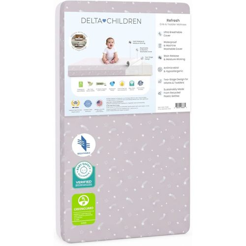 Delta Children Refresh 2-Stage Crib and Toddler Mattress - Breathable Cover and Core - Machine Washable - GREENGUARD Gold – Waterproof - Sustainably Sourced Core, Pink
