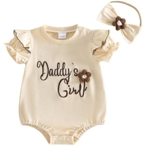 Adobabirl Baby Girl Bubble Romper Summer Clothes Daddys Girl Embroidery Ruffle Onesie Jumpsuit+Headband Fathers Day Outfit