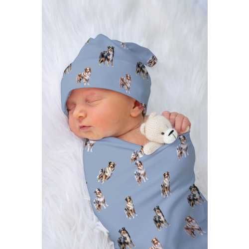Australian Shepherd Swaddle Blanket Aussie Shepherd Swaddle and Hat Dog Baby Shower Gift For Baby Boy Blanket Coming Home Outfit New Baby
