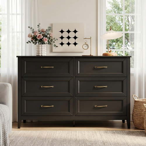 Lofka, Black 6 Drawer Dresser, 15.7"x47.2", Metal Handle
